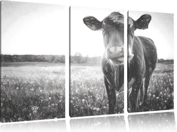 Pixxprint Einzelne Kuh auf Butterblumenwiese in der Abendsonne Kunst Kohle Effekt 3-Teiler Leinwandb