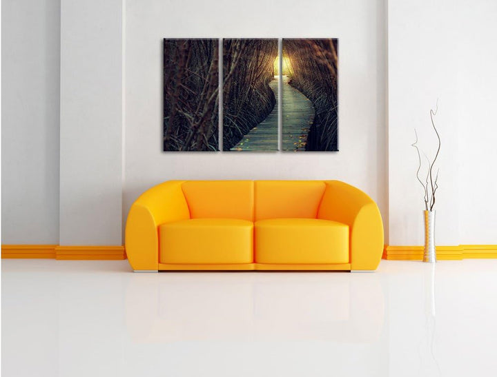Pixxprint Gehweg im Wald / 3-Teilig/Gesamtmass 120cm Leinwandbild bespannt auf Holzrahmen/Wandbild K