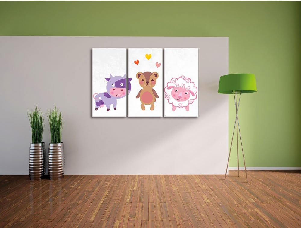Pixxprint Kuh Teddy und Schaf als Leinwandbild/Grösse: 3 Teilig (120x80) cm/Wandbild/Kunstdruck/fert