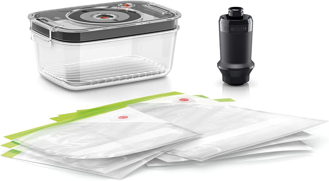 Bosch Vakuum-Frischhalteset MSZV6FSG1, Vakuumpumpe, 1,2l Vakuum-Glasbehälter, Vakuum-Zipperbeutel (