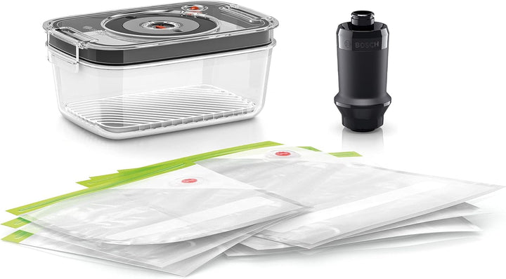 Bosch Vakuum-Frischhalteset MSZV6FSG1, Vakuumpumpe, 1,2l Vakuum-Glasbehälter, Vakuum-Zipperbeutel (