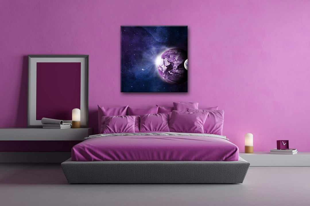 deyoli Dark Violette Erde mit Mond Format: 70x70 als Leinwandbild, Motiv fertig gerahmt auf Echtholz
