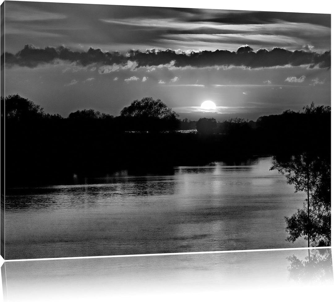 Pixxprint Monocrome, romantischer Sonnenuntergang über Fluss, Format: 100x70 auf Leinwand, XXL riesi