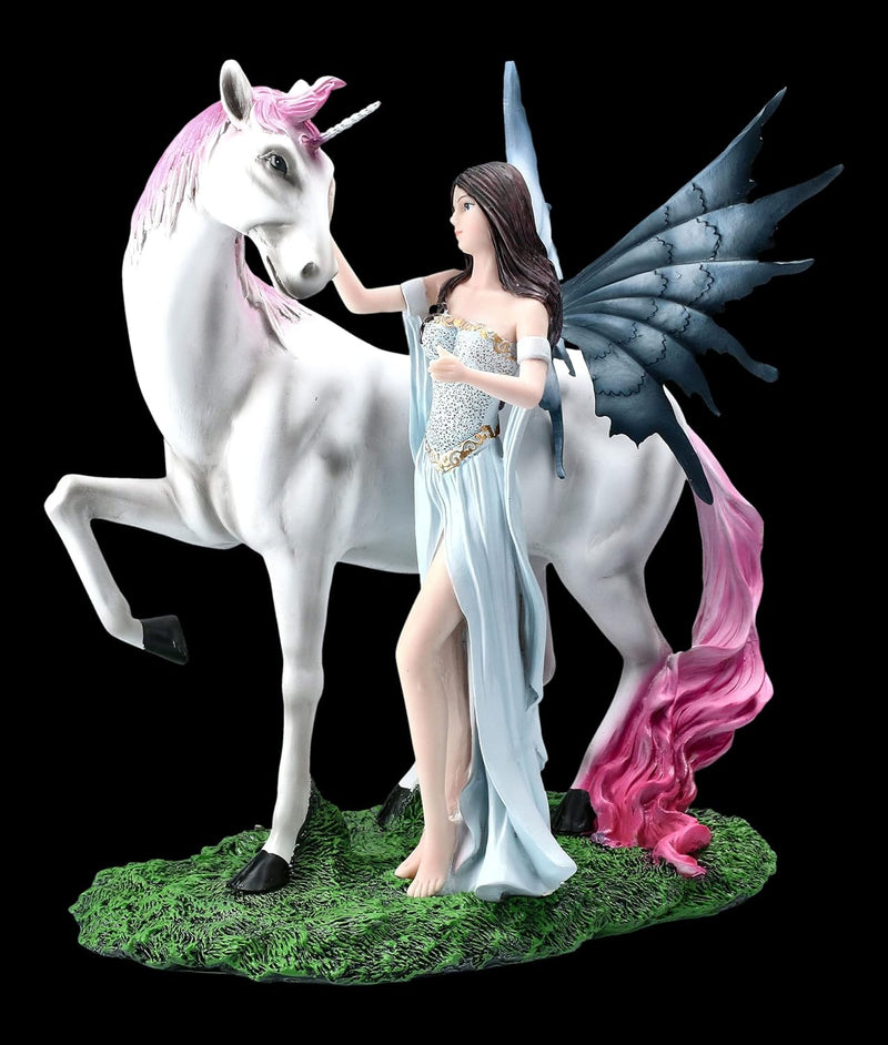 Elfen Figur - Mystique mit Einhorn mit rosa Mähne | Fee Fantasy Dekofigur