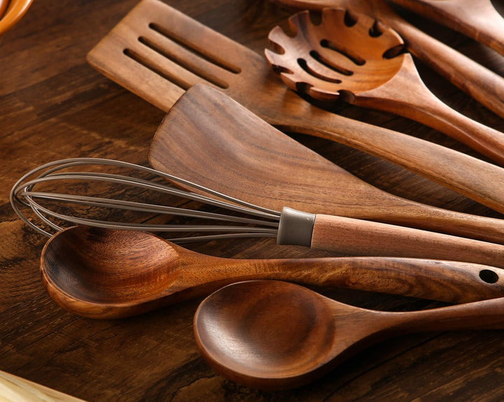 NAYAHOSE Holzutensilien zum Kochen, 10 Stück, Teakholz Kochlöffel und Spatel zum Kochen, inklusive L
