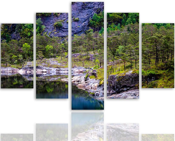 Feeby Bild auf Leinwand Landschaft 5 Teilig Modern Wasser Bäume Natur grün 150x100 cm Leinwandbild 1