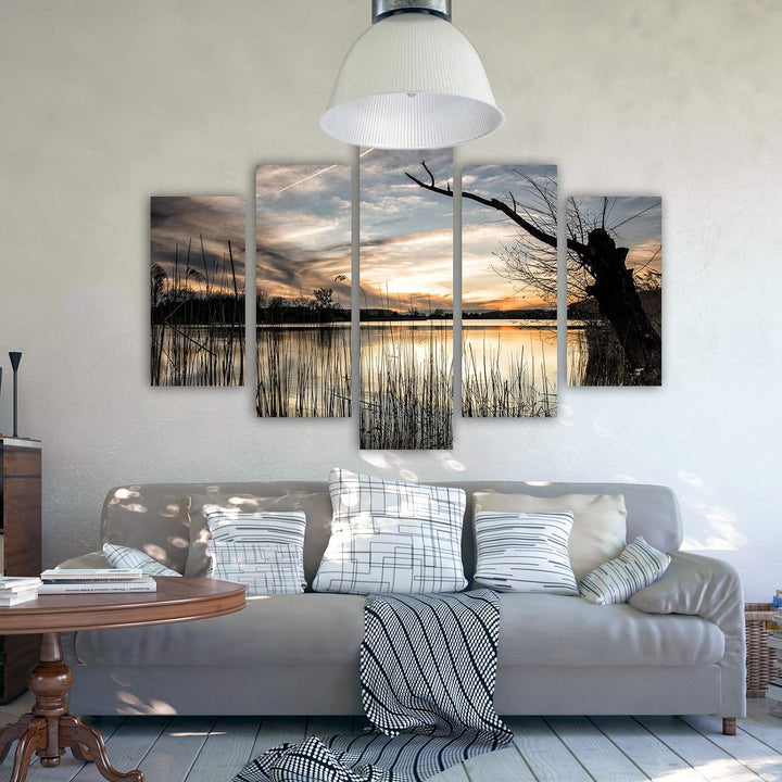 Bilder Natur 150x100 cm - Leinwandbild 5 Teilig XXL Kunstdruck See Baum braun Leinwandbild XXL 150x1
