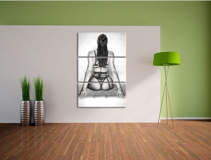 Pixxprint Brünette Frau in sexy Dessous Kunst Kohle Effekt 3-Teiler Leinwandbild 120x80 Bild auf Lei