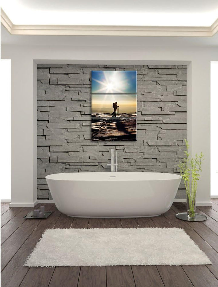 Pixxprint Wintersport Sonnenuntergang Ski als Leinwandbild | Grösse: 3 Teilig (120x80) | Wandbild| K
