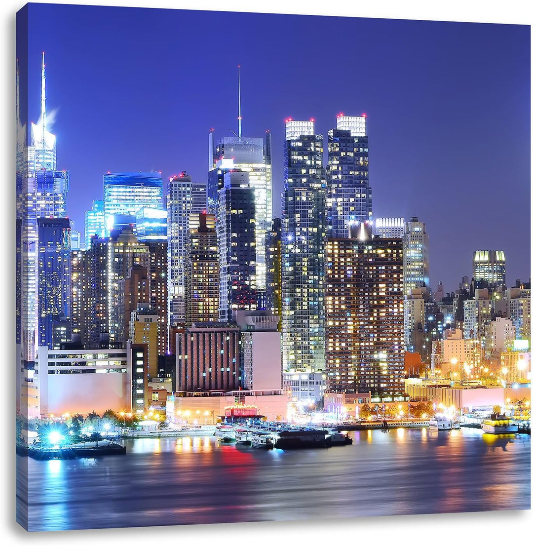 Pixxprint New York City Skyline Brücke bei Nacht, Format: 70x70 auf Leinwand, 70x70