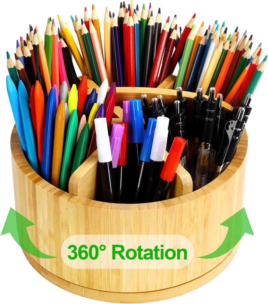 Cinnani 360° Drehbarer Schreibtisch Organizer aus Bambus, Stiftehalter Holz mit Griff, Tisch Organiz