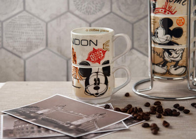 Egan, Porzellan, Set 6 Kaffeetassen Stapelbar Mickey Mouse In The City mit Mettallgestell, mehrfarbi