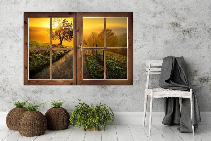 Feeby Vlies Leinwandbild Sonnenuntergang Landstrasse Baum 90x60 cm Druckbild Wandbild Wanddekoration