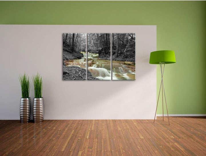 Pixxprint Waldbach im Herbst als Leinwandbild/Grösse: 3 Teilig (120x80) cm/Wandbild/Kunstdruck/ferti