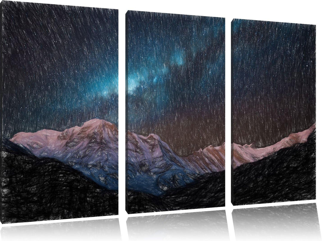 Pixxprint Annapurna bei Nacht / 3-Teilig/Gesamtmass 120cm Leinwandbild bespannt auf Holzrahmen/Wandb