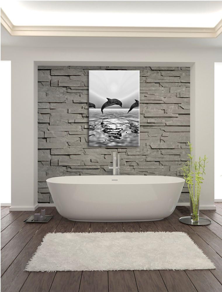 Pixxprint Monocrome, springende Delfine im Sonnenuntergang, Format: 100x70 auf Leinwand, 100x70