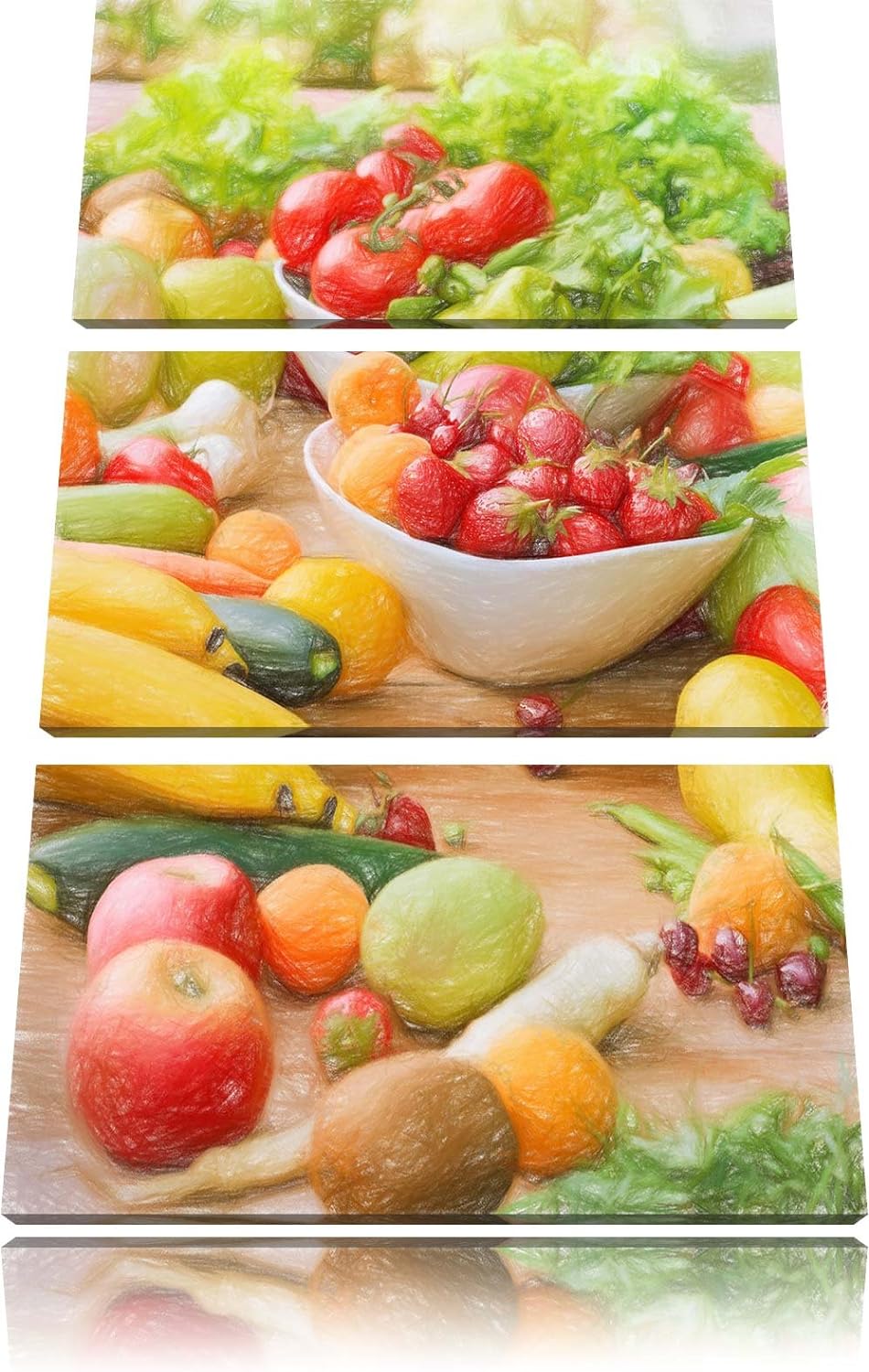 Pixxprint Buntes Obst und Gemüse Bunstift Effekt 3-Teiler Leinwandbild 120x80 Bild auf Leinwand