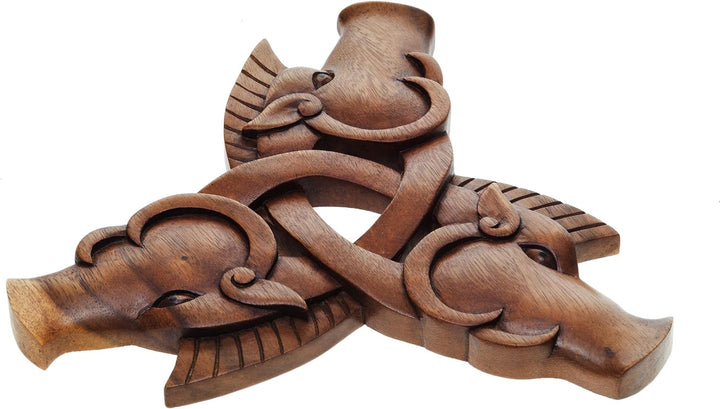 Windalf Wikinger Eber Holz Wandskulptur Thunder Ø 25 cm 3 Krieger Wildschweine Triade Wandfigur Hand