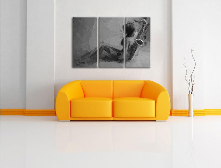 Pixxprint Attraktive Frau mit Saxophone Pinsel Effekt 3-Teiler Leinwandbild 120x80 Bild auf Leinwand