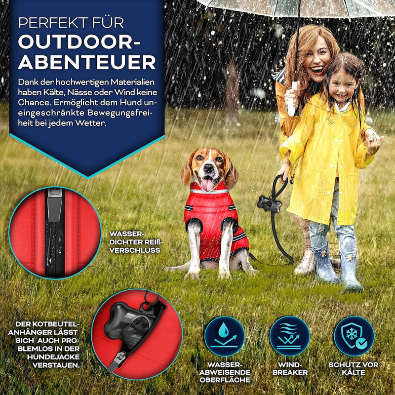 TRESKO® Hundejacke Winter mit Reflektoren inkl. 15 Stück Kotbeutel + Spender | Hunderegenmantel wass