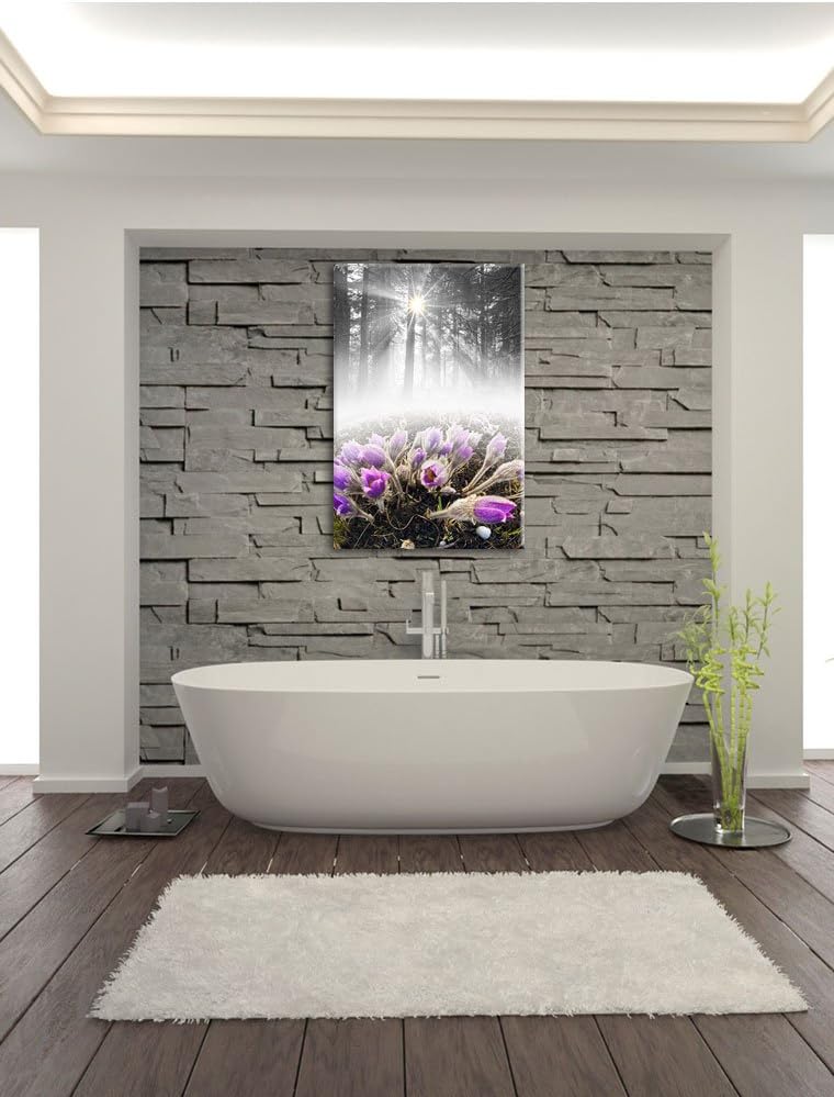 Pixxprint blühende lila Blumen im Wald B&W Detail, Format: 100x70 auf Leinwand, 100x70