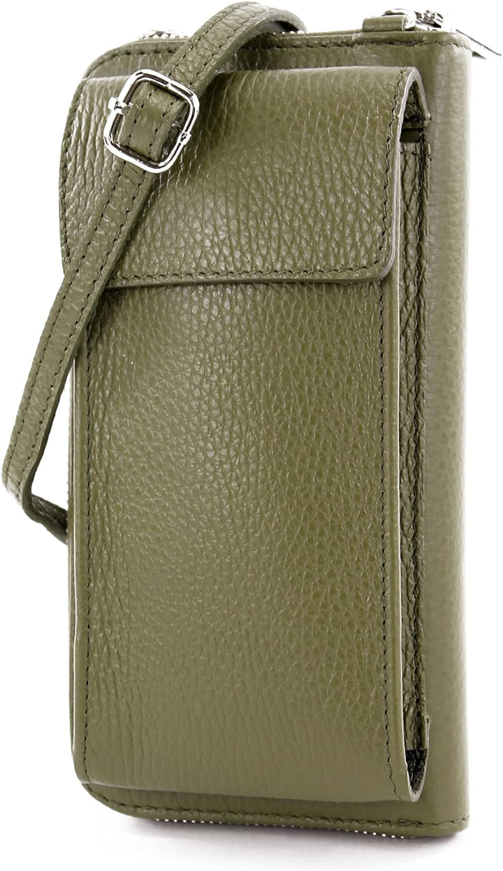 modamoda de - P06 - ital. Damen Umhängetasche Geldbörse Handytasche Leder Olivgrün, Olivgrün
