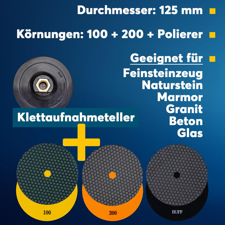 Profi Diamant-Schleifpads-Set für Trockenschliff von EDW, Ø 125 mm, Körnung 100 + 200 + Polierer, Kl