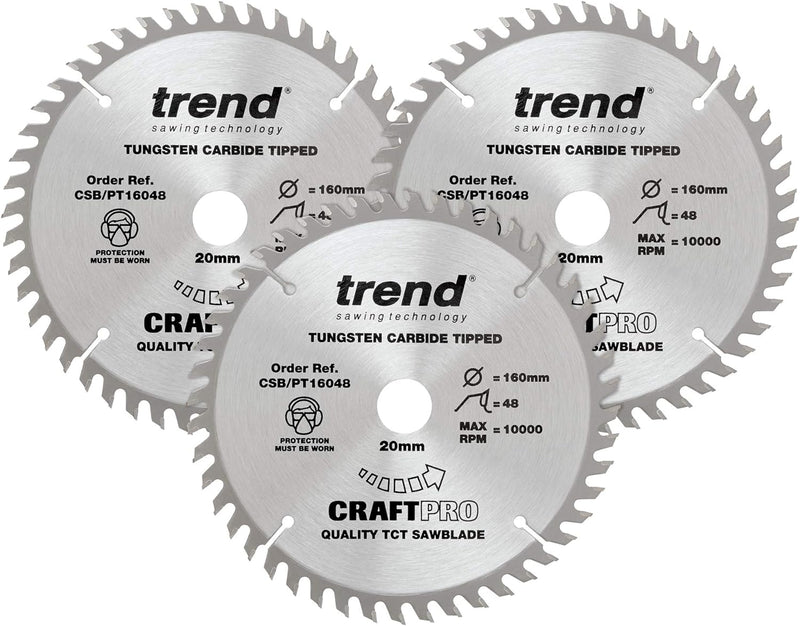 Trend CraftPro Dreierpack TCT-Kreissägeblätter, 160mm Durchmesser x 48 Zähne x 20mm Bohrung, Hartmet