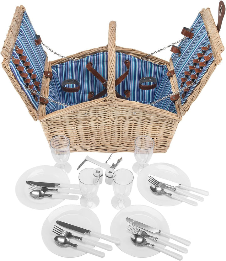anndora Picknickkorb 4 Personen Weidenkorb Henkelkorb beige + Zubehör 23 TLG. Beige - Blau, Beige -