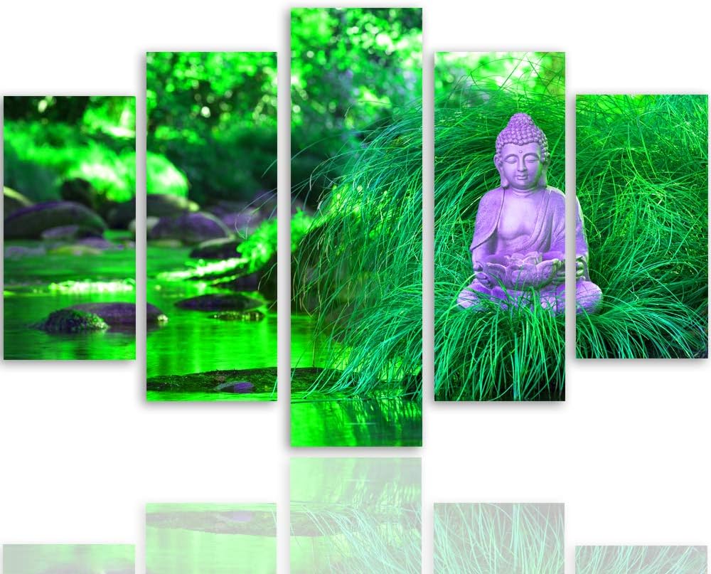 Feeby Bilder Abstrakt 300x140 cm Leinwandbild 5 Teilig XXL Kunstdruck modern Buddha grün Leinwandbil