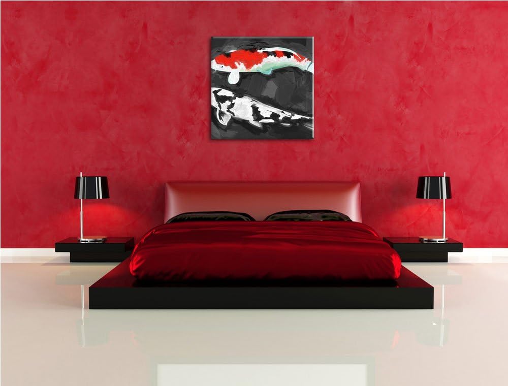 Gezeichnete Koi Karpfen, Format: 70x70 auf Leinwand, XXL riesige Bilder fertig gerahmt mit Keilrahme