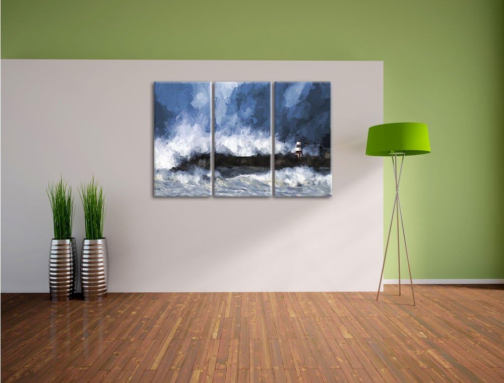 Pixxprint Tobendes Meer mit Leuchtturm als Leinwandbild | Grösse: 3 Teilig (120x80) | Wandbild| Kuns