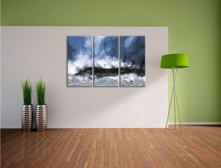 Pixxprint Tobendes Meer mit Leuchtturm als Leinwandbild | Grösse: 3 Teilig (120x80) | Wandbild| Kuns