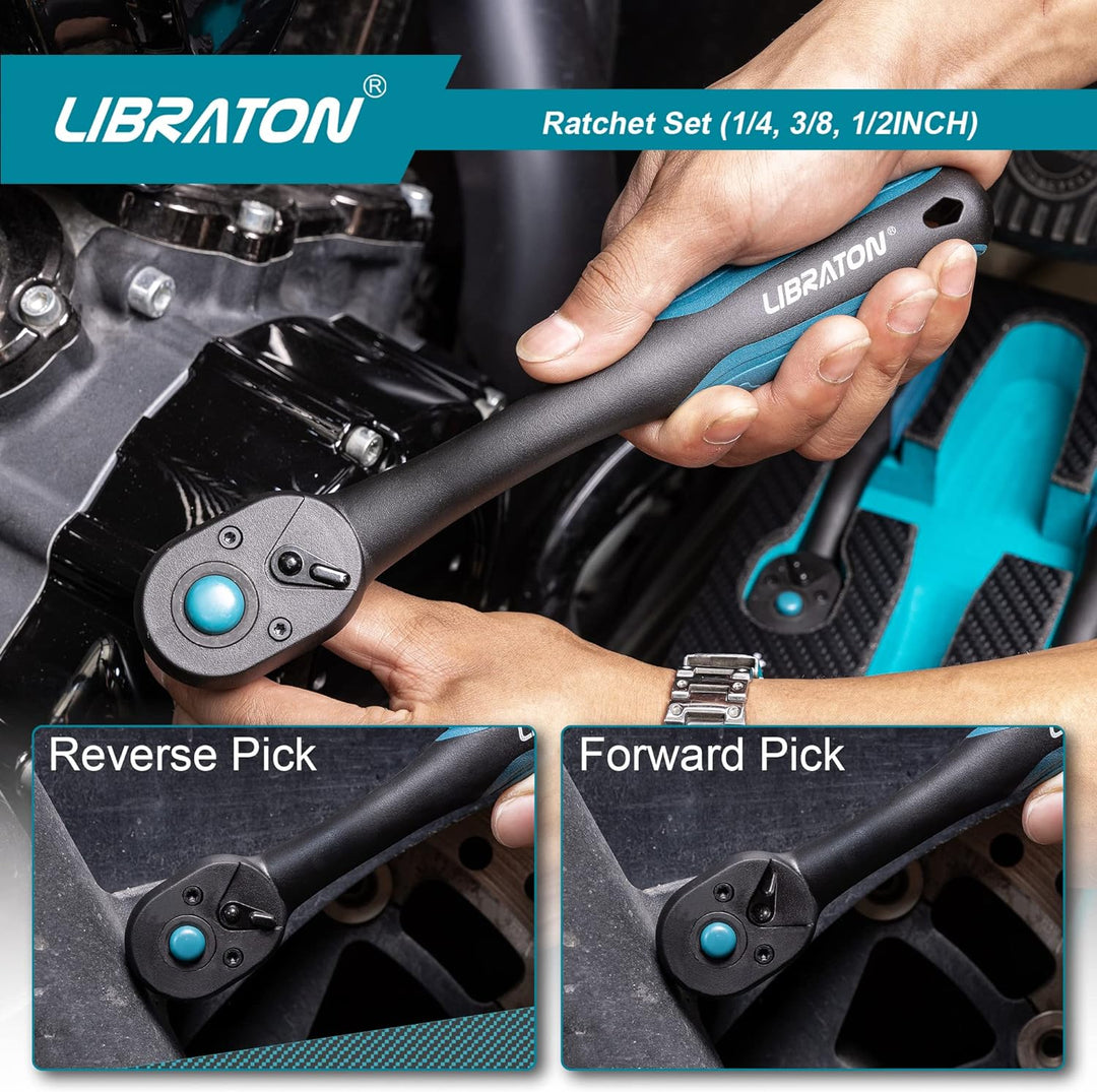 LIBRATON Umschaltknarre Antrieb, 72 Zähne Ratschengriff mit Schnellspanner, 3 TLG 1/4" 3/8" 1/2" Rat