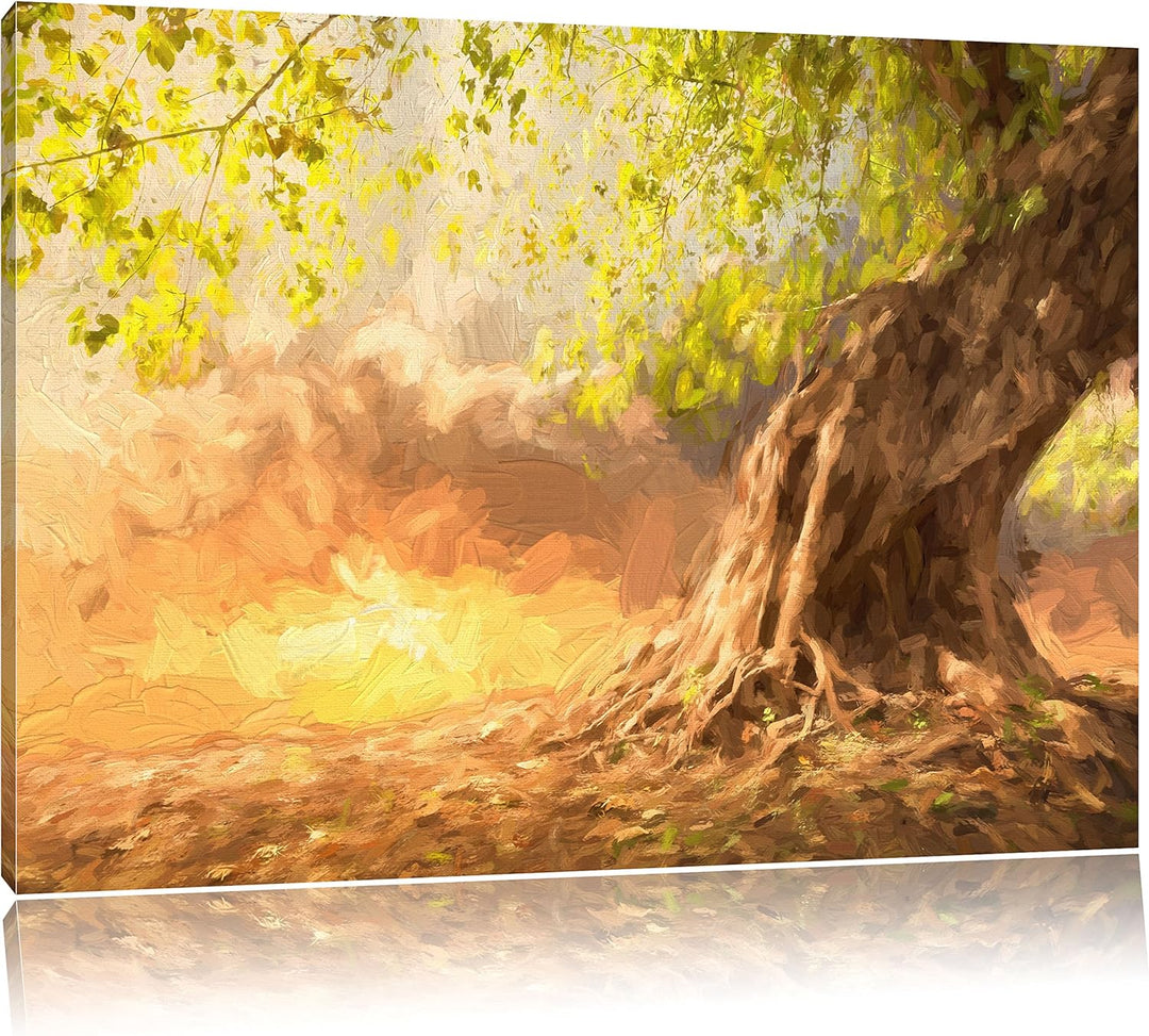 Pixxprint Verwurzelter starker Baum im Sonnenuntergang Kunst Pinsel Effekt, Format: 100x70 auf Leinw