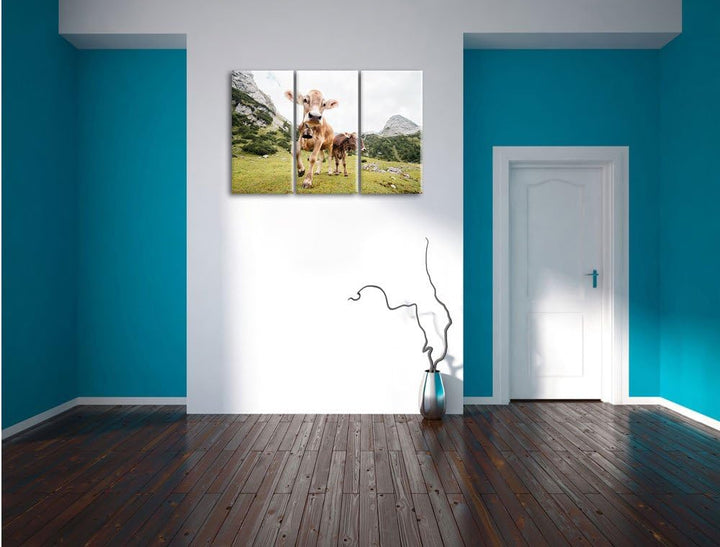 Pixxprint Almkühe Bild 3-Teiler Leinwandbild 120x80 Bild auf Leinwand