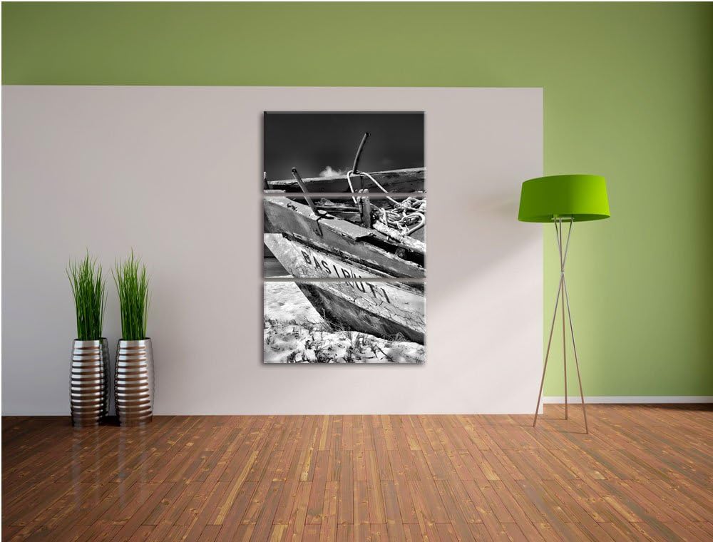 Pixxprint Monocrome, Boot am Strand 3-Teiler Leinwandbild 120x80 Bild auf Leinwand