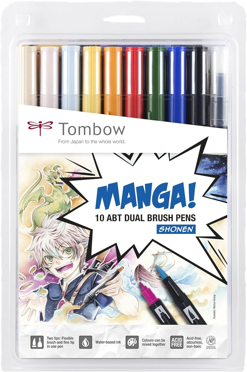 Tombow ABT-10C-MANGA1 Fasermaler, Dual Brush Pen mit zwei Spitzen, 10-er Manga Set Shonen, Manga Set