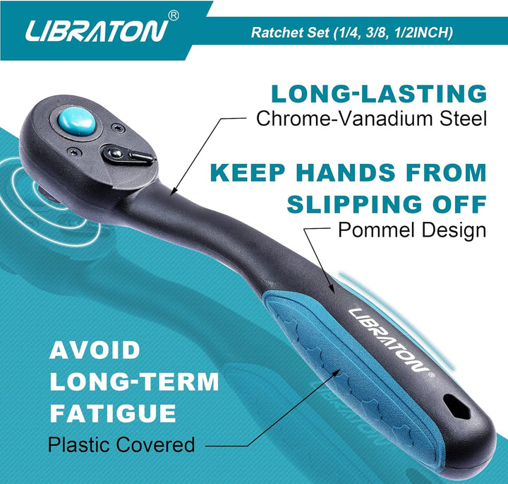 LIBRATON Umschaltknarre Antrieb, 72 Zähne Ratschengriff mit Schnellspanner, 3 TLG 1/4" 3/8" 1/2" Rat