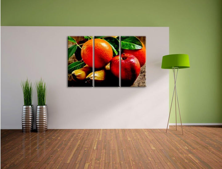 Pixxprint verschiedenes Obst Neon Lights Effekt 3-Teiler Leinwandbild 120x80 Bild auf Leinwand
