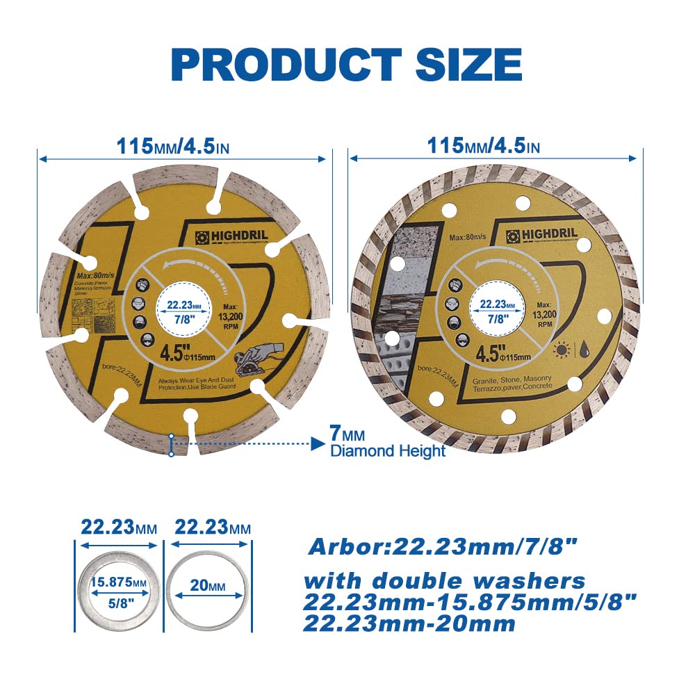 HIGHDRIL Diamant Trennscheibe - 115MM Diamant Sägeblätter Set für Fliesen, Keramik, Beton, Marmor, S