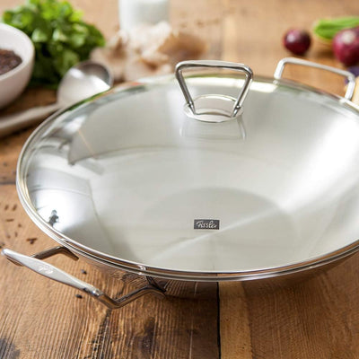 Fissler Kunming / Edelstahl-Wok (Ø 36 cm) grosse Wok-Pfanne unbeschichtet,Asiapfanne mit Glas-Deckel