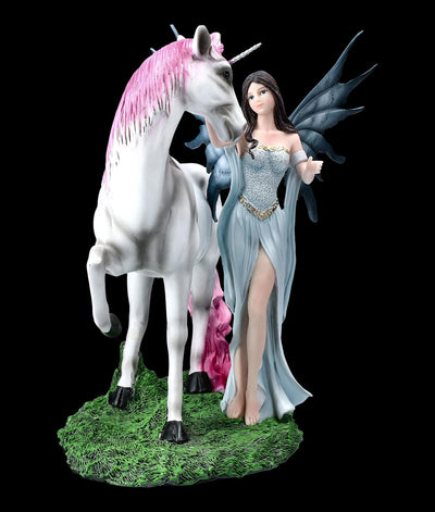 Elfen Figur - Mystique mit Einhorn mit rosa Mähne | Fee Fantasy Dekofigur