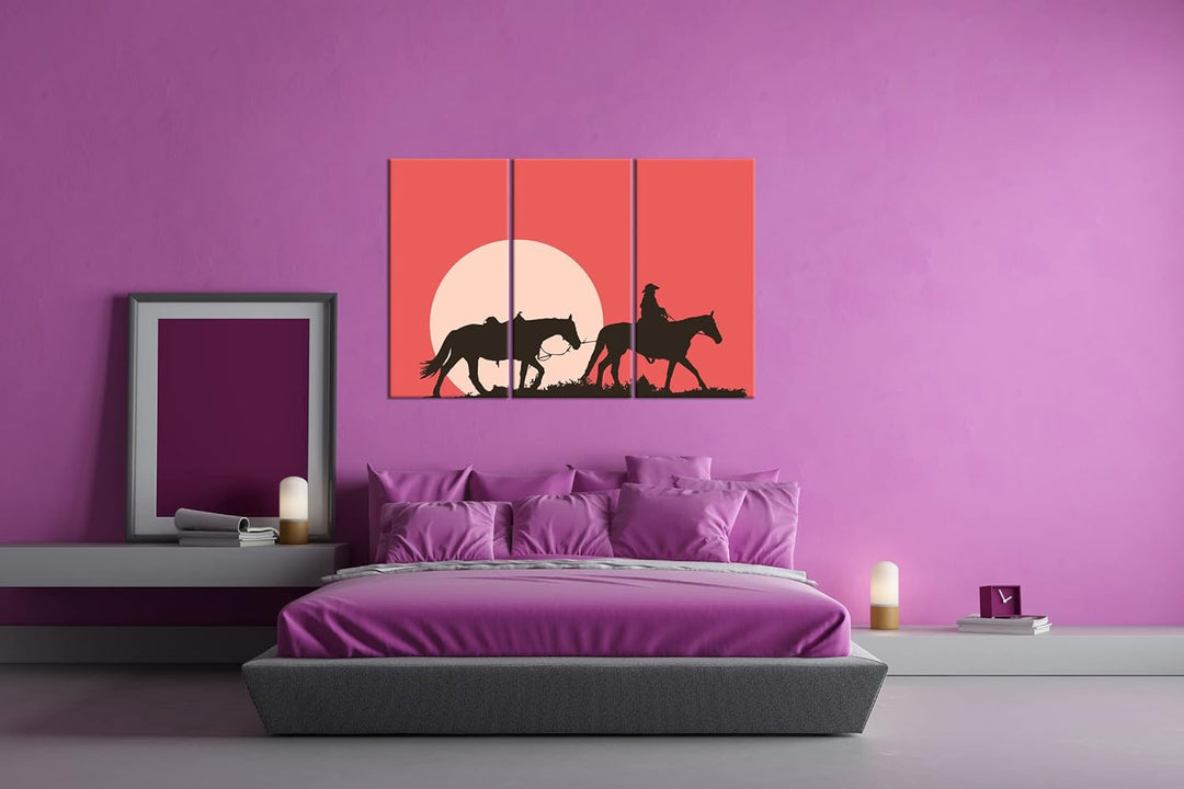 deyoli Cowboy im Sonnenuntergang Format: 3-teilig 120x80 als Leinwand, Motiv fertig gerahmt auf Echt