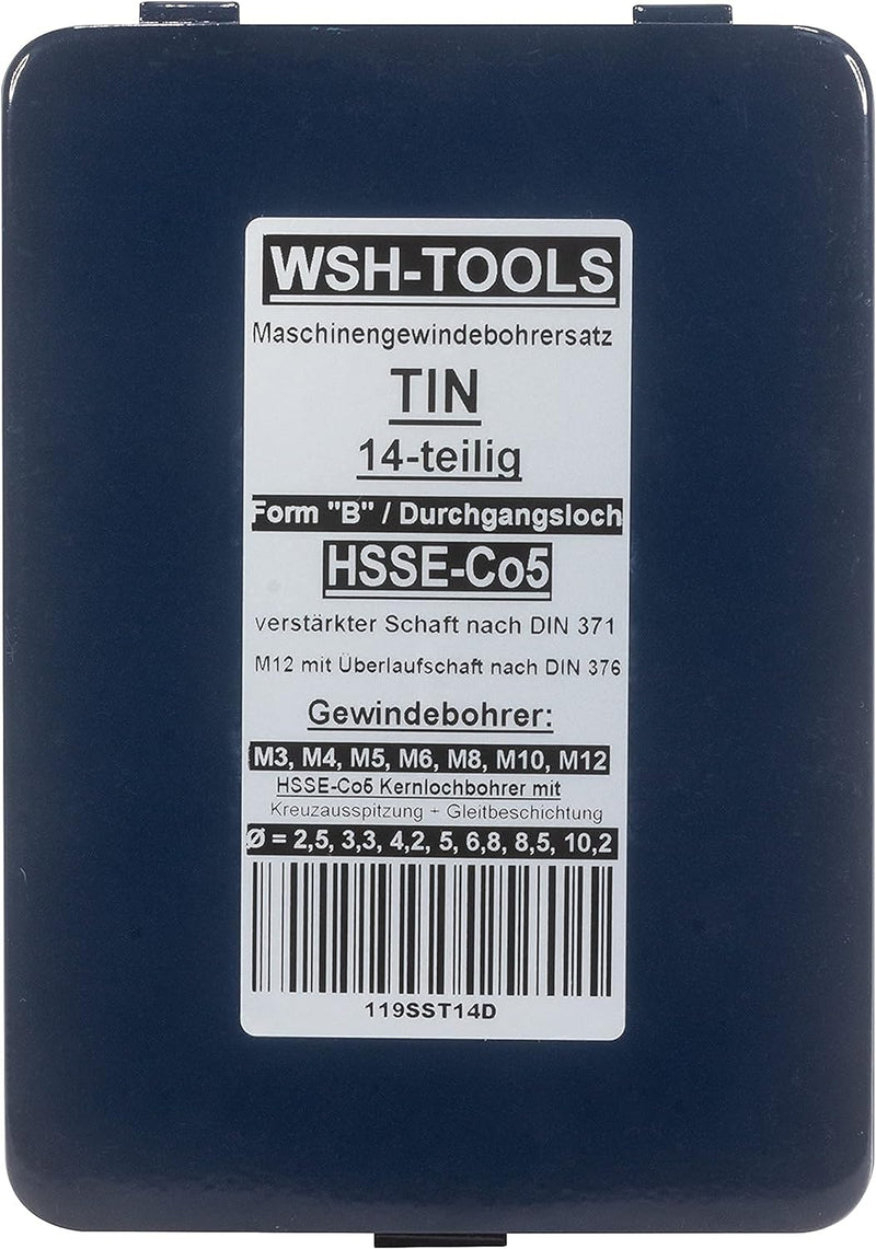 WSH-TOOLS Maschinengewindebohrer Set Sackloch M3, M4, M5, M6, M8, M10, M12 HSSE-Co5 Metallkassette 1