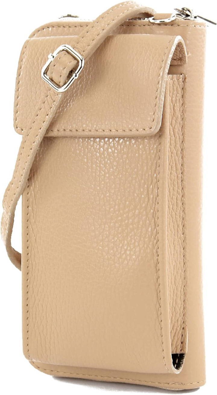 modamoda de - P06 - ital. Damen Umhängetasche Geldbörse Handytasche Leder Beige, Beige