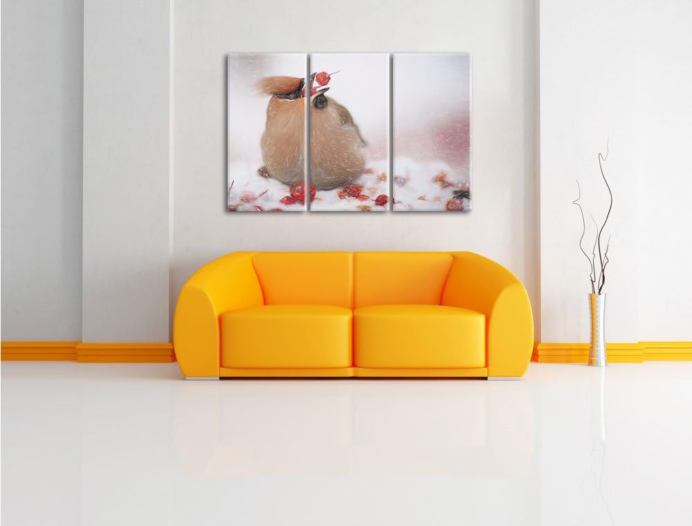 Pixxprint Kleiner Vogel im Schnee Bunstift Effekt 3-Teiler Leinwandbild 120x80 Bild auf Leinwand