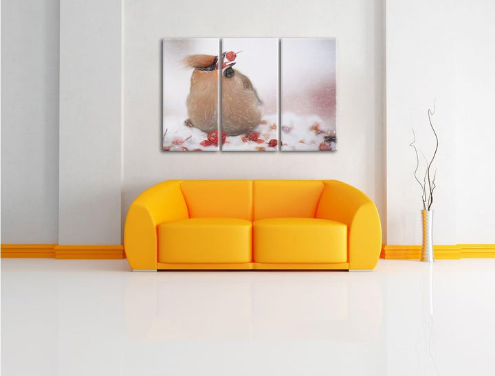 Pixxprint Kleiner Vogel im Schnee Bunstift Effekt 3-Teiler Leinwandbild 120x80 Bild auf Leinwand