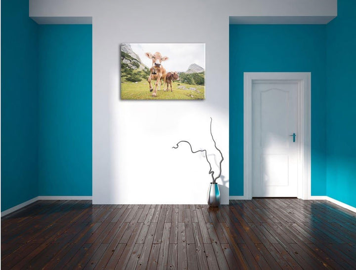 Pixxprint Almkuh auf der Weide als Leinwandbild/Grösse: 100x70 / Wandbild/Kunstdruck/fertig bespannt