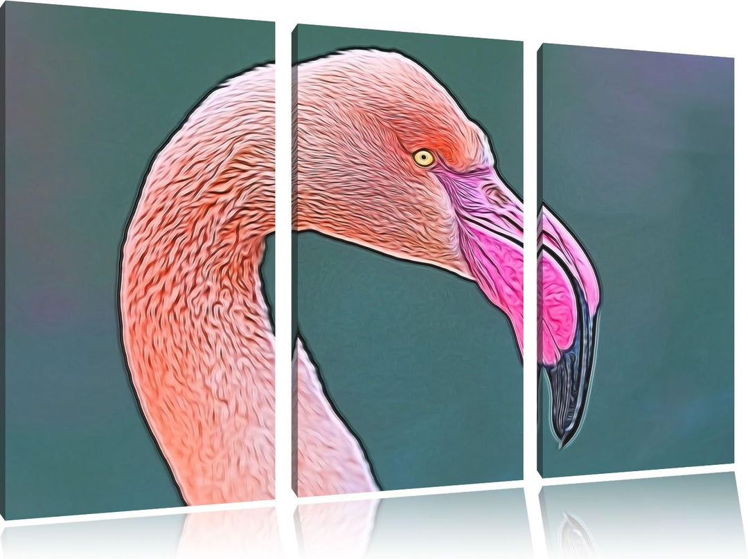 Flamingo im Seitenprofil Spezial 3-Teiler Leinwandbild 120x80 Bild auf Leinwand, XXL riesige Bilder